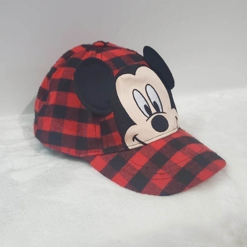 DISNEY Mickey Mouse Red Black Buffalo Check Plaid Baseball Hat Cap Toddler Size